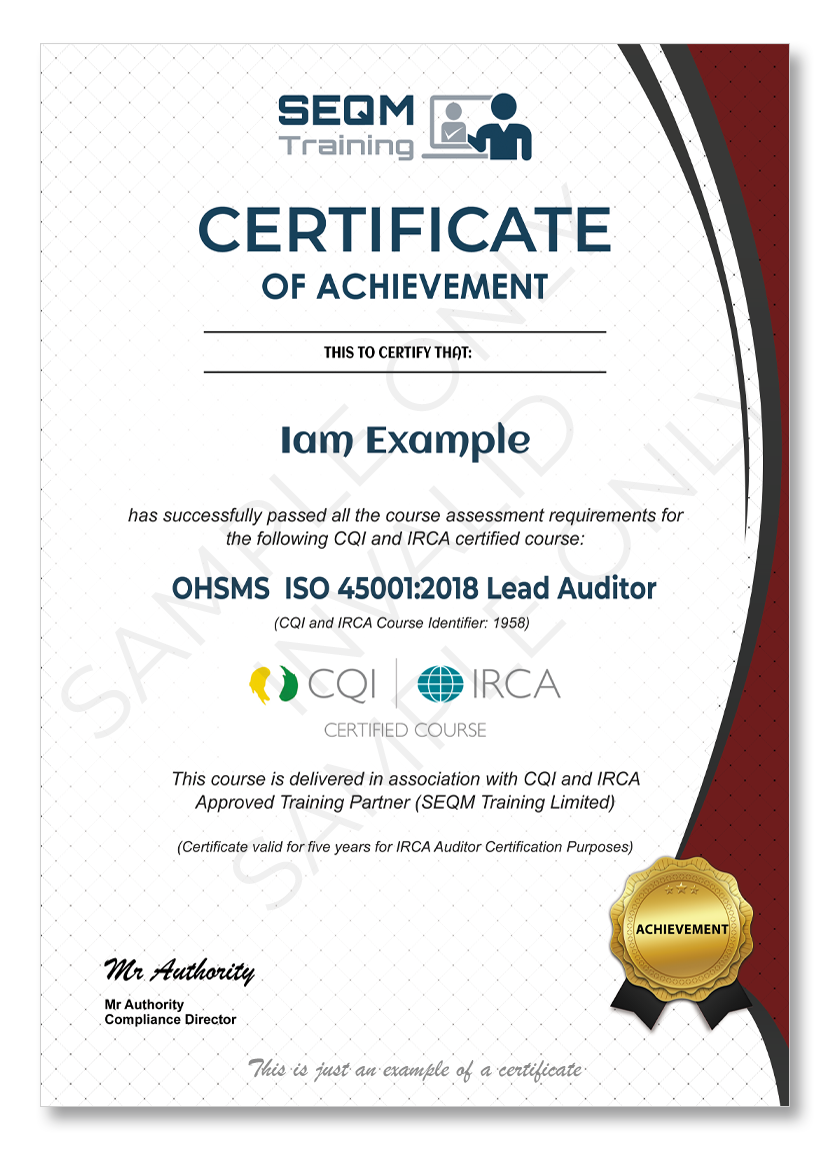 ISO 45001 LEAD AUDITOR COURSE – CQI and IRCA CERTIFIED TRAINING - SEQM ...